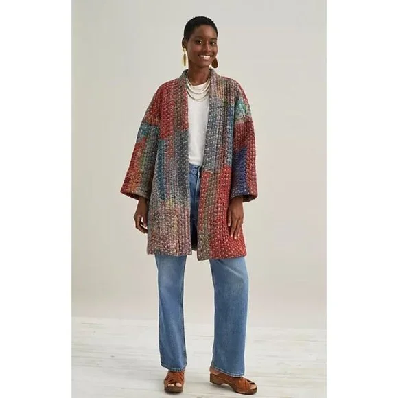 Anthropologie Neeru Kumar Stitched Sharona Quilted Blanket Kimono Jacket Size L - Picture 2 of 9